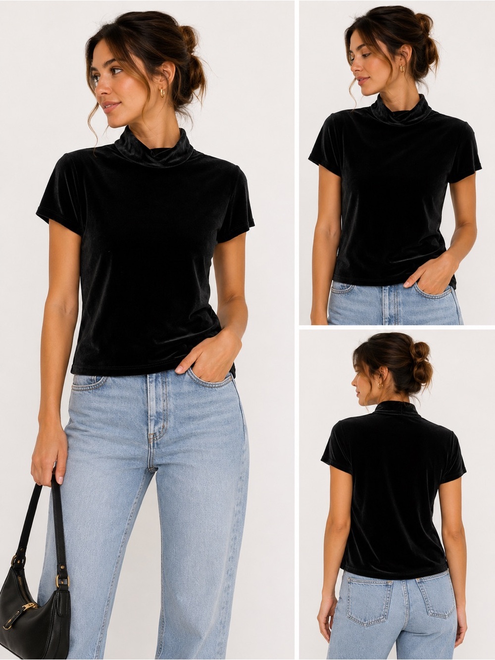 Talbots Black Velvet Mock Neck Short Sleeve Top Women’s Small